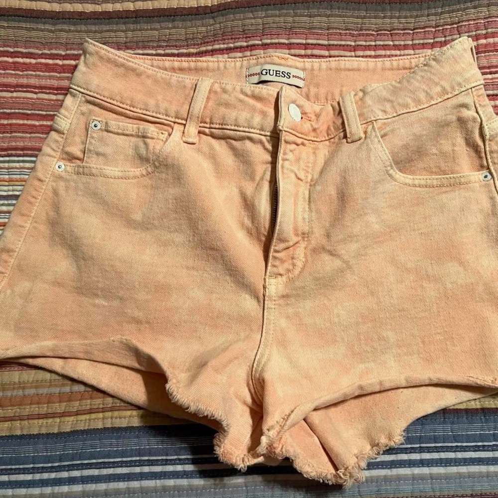 GUESS Denim Shorts Peach Orange Frayed Hem High Rise Casual Cute